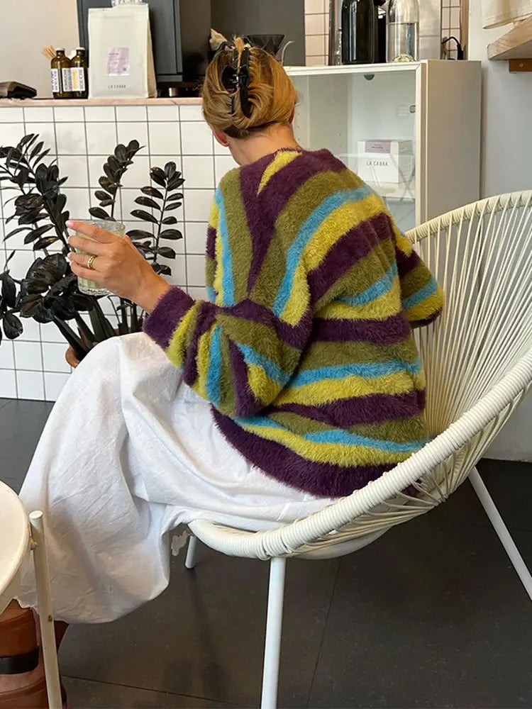 maoxiangshop -  Fashion Colorful Mohair Striped Sweater Women O Neck Long Sleeve Loose Knitted Pullover Winter Lady Soft Street Warm Jumper