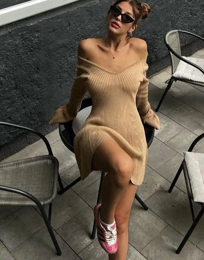 maoxiangshop  -  V-neck Long Sleeved Sexy Short Dress Knitted Autumn Winter Solid Color A-line Backless Pleated Women Dresses Fall Fashion