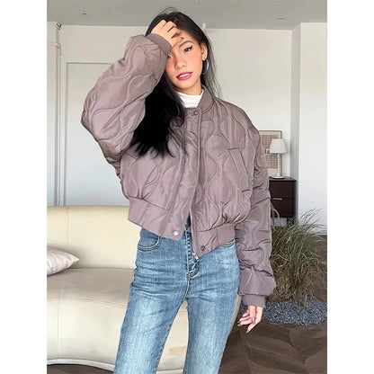 maoxiangshop  -  Short Parkas Women Streetwear Solid Cropped Down Coats Korean Fashion Puffer Jacket Winter Casual Zipper Cotton Padded Outwears