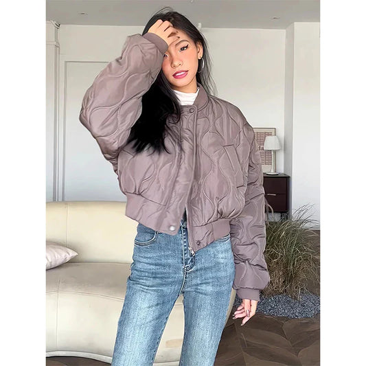 maoxiangshop  -  Short Parkas Women Streetwear Solid Cropped Down Coats Korean Fashion Puffer Jacket Winter Casual Zipper Cotton Padded Outwears