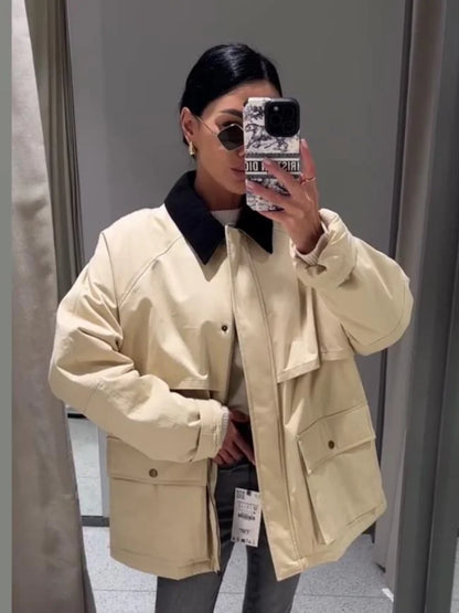 maoxiangshop  -  Contrast Lapel Women's Jackets Casual Long Sleeve Zipper Pocket Female Coats 2024 Autumn Winter Fashion Lady Streetwear Outwears