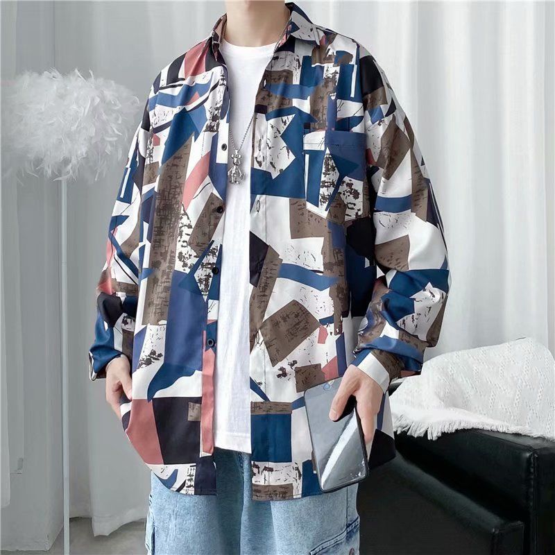 maoxiangshop Men's Clothing Turn-down Collar Handsome Long Sleeve Button Spring Summer Thin Man Printing Loose Streetwear Casual Korean