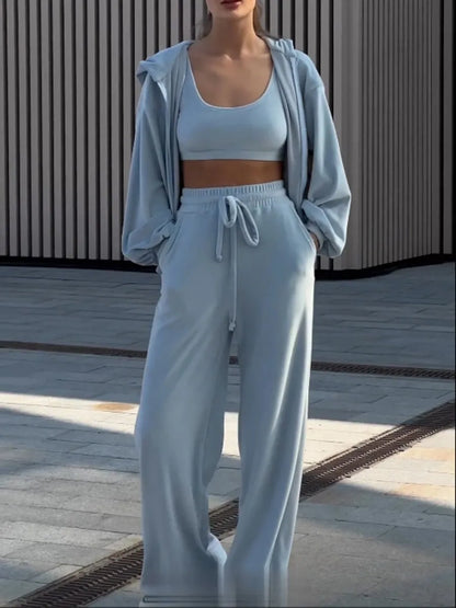 maoxiangshop Casual 3 Piece Sets Women Zipper Hooded Jacket+vest+drawstring Wide Leg Pants Sets Autumn Winter New Street Fashion Sport Suits