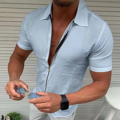 maoxiangshop Men's Light Business Office Casual Zipper Short Sleeve Shirt Slim Fit Solid Color Lapel Cardigan Fashion Tops