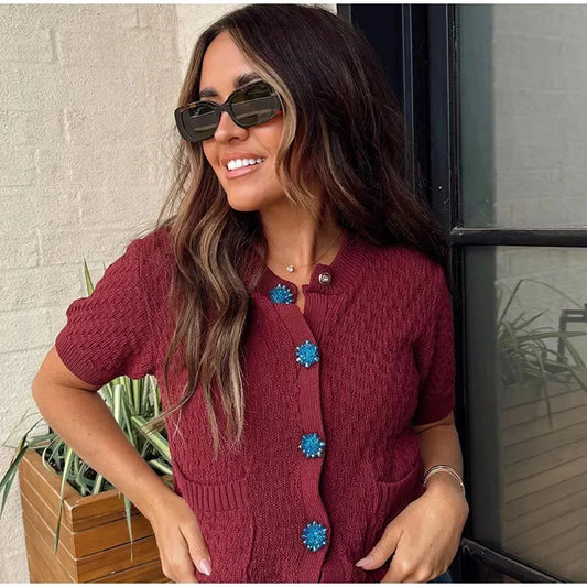 maoxiangshop  -  Knitted Short Cardigan Women Casual Single Breasted Sweater Female 2024 Autumn Sweater Short Sleeve Knitwear Coat