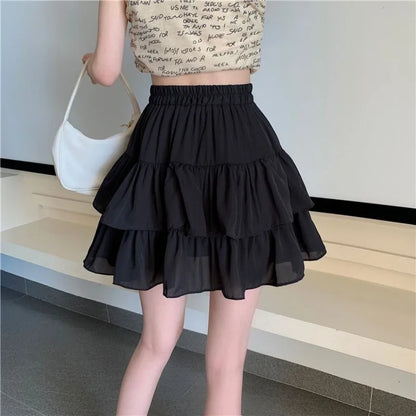 maoxiangshop White Ruffles Mini Skirt Women Kawaii Elastic Waist A-line Loose Preppy Style Cute Short Pleated Skirt Korean Fashion