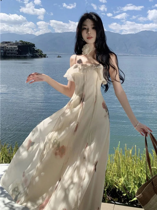 Elegant Ruffles Floral Midi Dresses Summer New Fashion Spaghetti Strap A-line Beach Vestidos Women Holiday Sundress Clothing