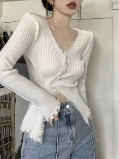 Women Sweater Cardigans Autumn Winter Tassel Knitted Korean Slim Long Sleeve Elegance Casual Hotsweet Y2K Top Solid V-neck New