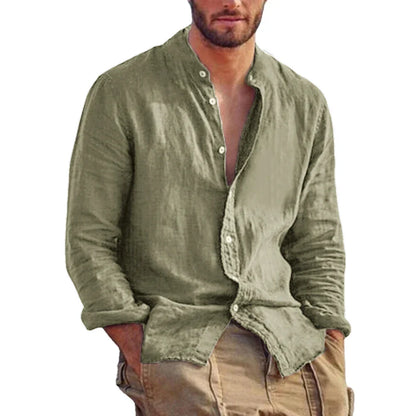 maoxiangshop New Men's Solid Color Long Sleeve Shirt Linen Cotton Shirts Trend Plus-size Stand Collar Casual Lightweight Beach Tops