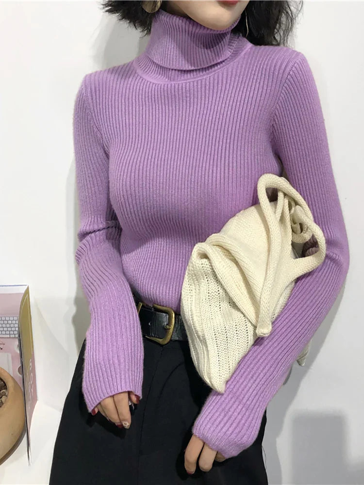 maoxiangshop 2024 Autumn Winter Thick Sweater Women Knitted Ribbed Pullover Sweater Long Sleeve Turtleneck Slim Jumper Soft Warm Pull Femme