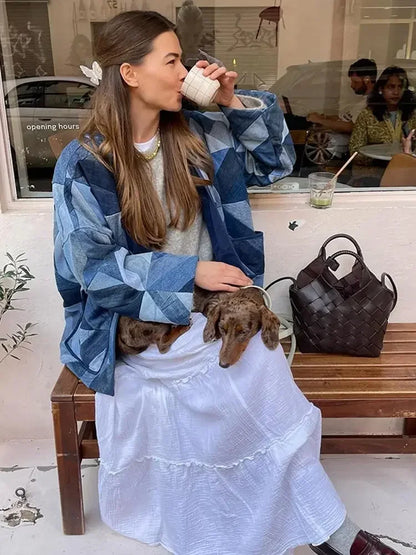 maoxiangshop  -  Chic Women Denim Patchwork Loose Cardigan Casual V Neck Long Sleeve Pocket Coat Autumn Lady Commuting Jacket High Street Outwear