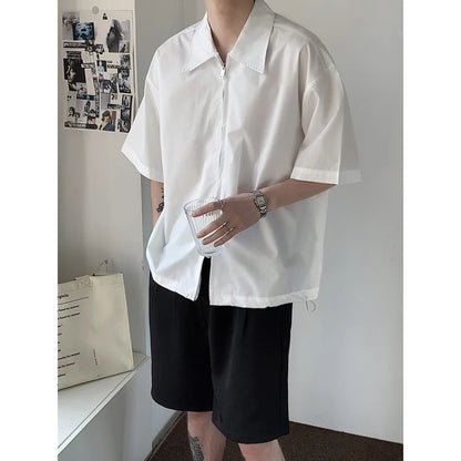 maoxiangshop Summer Short Sleeved Shirt Men Fashion Oversized Zip Shirt Men Korean Loose Black White Dres Shirts Mens Ice Silk Shirt M-2XL