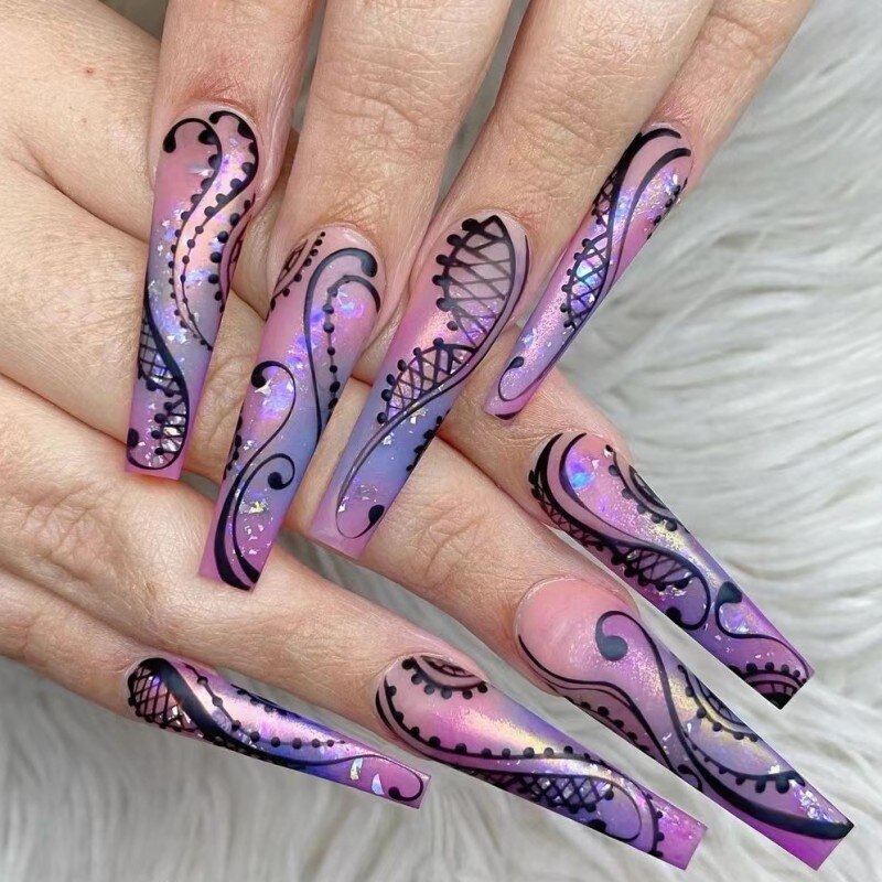 24Pcs Long Ballerina Nails Set Press on Wearable Artifical False Nails with Glue Roses Pattern Designs Fake Nails Manicure tips