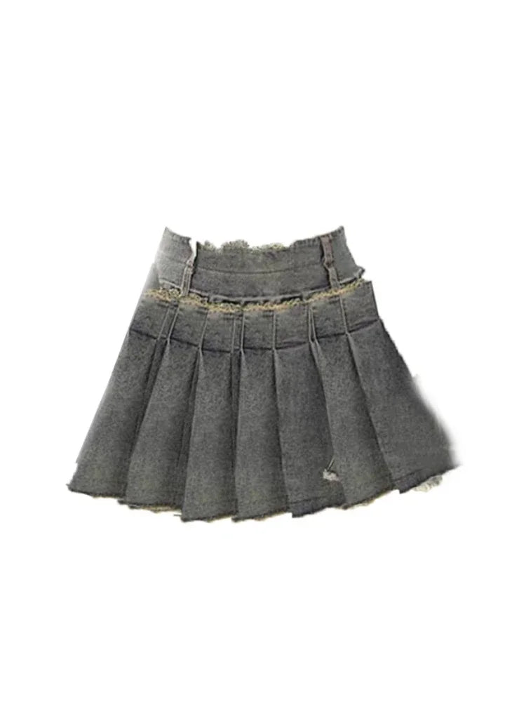 maoxiangshop Korean Hot Girls Suit Women's Summer Off Shoulder Vintage Denim Fur Top Pleated Short Skirt Two-piece Set Fashion Female Clothes