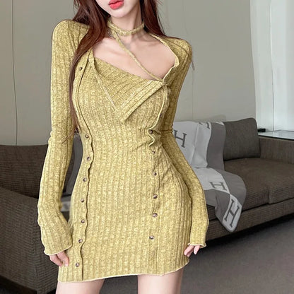 maoxiangshop Tight Long Sleeve Short Style Split Halter Women's Dress Solid Color Fashion Sexy Design