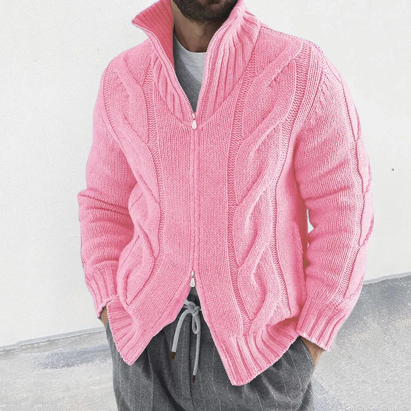 maoxiangshop Fashion Slim Knitted Sweatercoat Men Casual Zip-up Turtleneck Knit Cardigans Autumn Winter Vintage Twist Jacquard Mens Sweaters