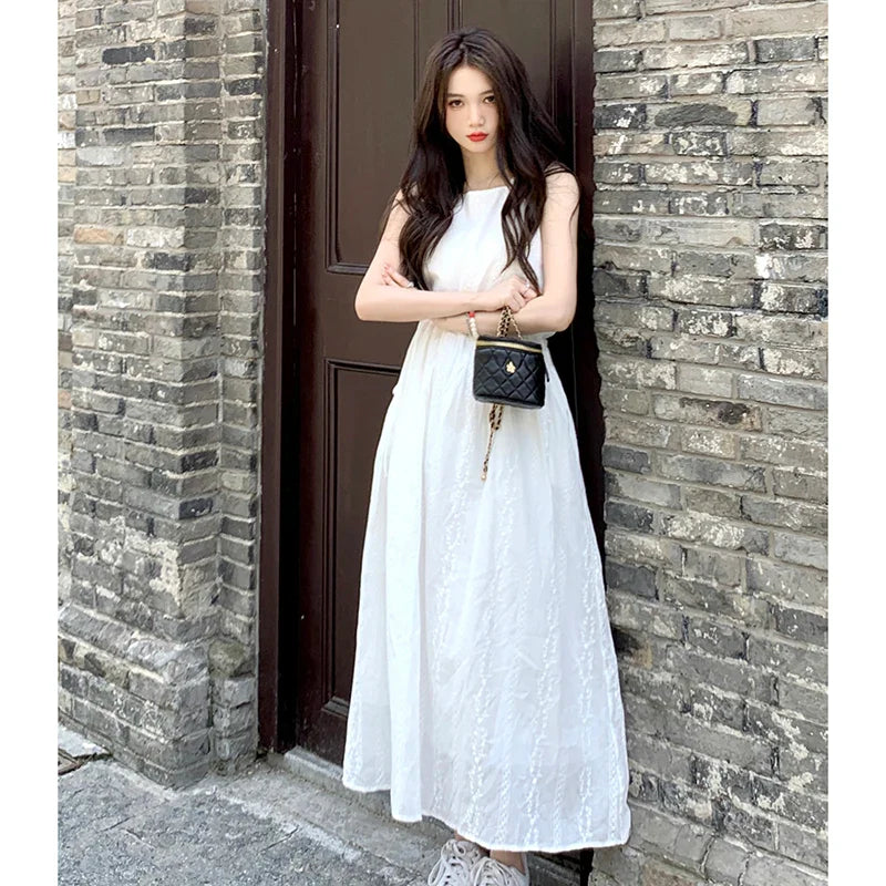 maoxiangshop Summer Square Collar Embroider White Dress Women Elegant Party Solid Drawstring Female Sundress Fashion Chic Midi Dresses