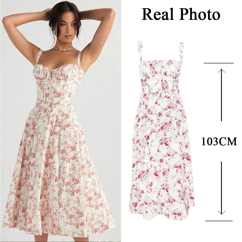 Floral Print Summer Holiday Dress Elegant Midi Spaghetti Strap Lace Up Dress A Line Casual Women Clothing