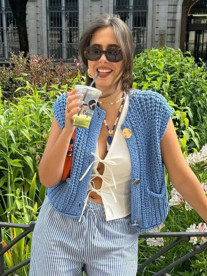 maoxiangshop  -  Pocket Solid Color Cardigan Women 2024 Autumn New O Neck Single Breasted Sleeveless Cropped Sweater Casual Fashion Knitted Vest