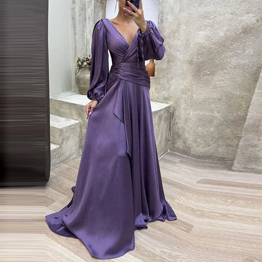 maoxiangshop Cocktail Full Length Women Hem Maxi Dress Luxury Female V-neck Waist Party Dress Elegant Lantern Sleeve Ruffle Satin Dresses