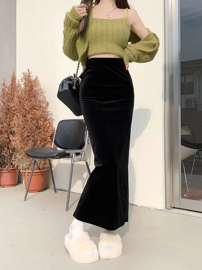 maoxiangshop Fish Tail Velvet Skirt Women Mermaid Trumpet Long Skirts Ankle Length Empire High Waist Skinny Bodycon Skirt Female