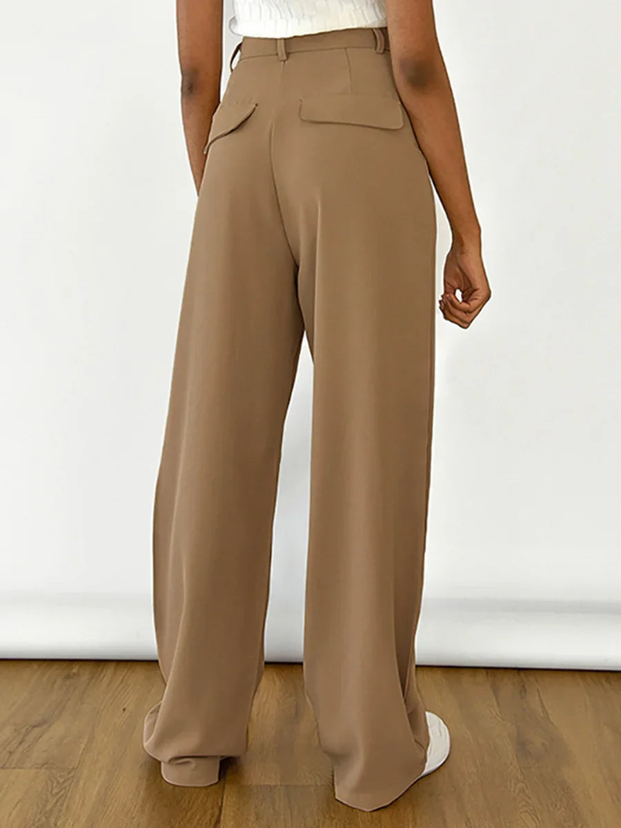 maoxiangshop  -  Solid Fashion Women Maxi Pants Autumn High Waist Straight Loose Button Female Trousers Streetwear Office Lady Suit Pant New