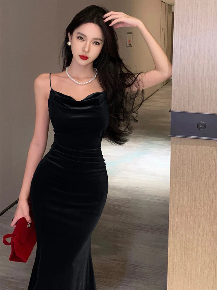 maoxiangshop Vintage Sexy Prom Red Long Dresses for Women Spaghetti Strap Slit Velvet Beach Bandage Bodycon Midi Dress Party Elegant  New