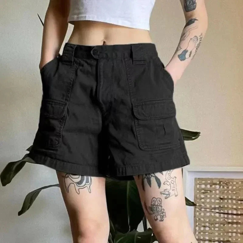 Y2k Vintage Streetwear Cargo Denim Shorts Women American Retro Harajuku Solid Loose Jeans Casual Pocket Summer Chic