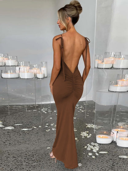 maoxiangshop Backless Maxi Dress Elegant Red Long Sleeve Sexy Ruched Bodyocn Evening Party Dress for Women Spring Slim Christmas Outfits