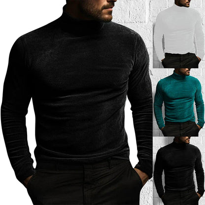 maoxiangshop New Long Sleeved Solid Color Tight Fitting T-Shirt, European and American Autumn and Winter Men's High Neck Velvet Base Sweater