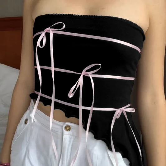maoxiangshop-Coquette Contrast Ribbons Lace-up Bow Tube Top Women Y2K Strapless Asymmetrical Crop Tops Vintage Sexy Camis Lolita