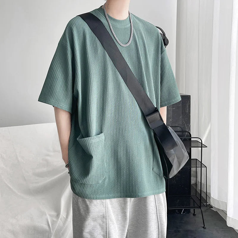 maoxiangshop High Quality Men Trend Pockets T Shirts Summer Mens Short Sleeve Fashions Male Solid Simple Daily Tees Harajuku T-Shirt