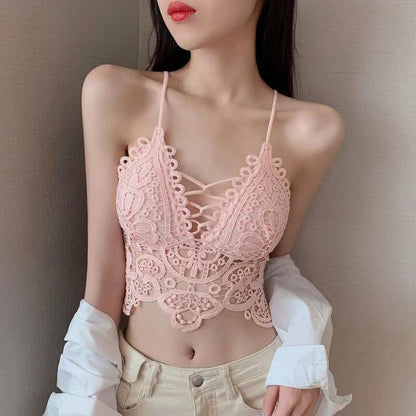 maoxiangshop New Women Hollow Out Bralette Solid Color Beauty Back Lace Underwear Sexy Vest Female Add Pad Wireless Bra Suspender Top