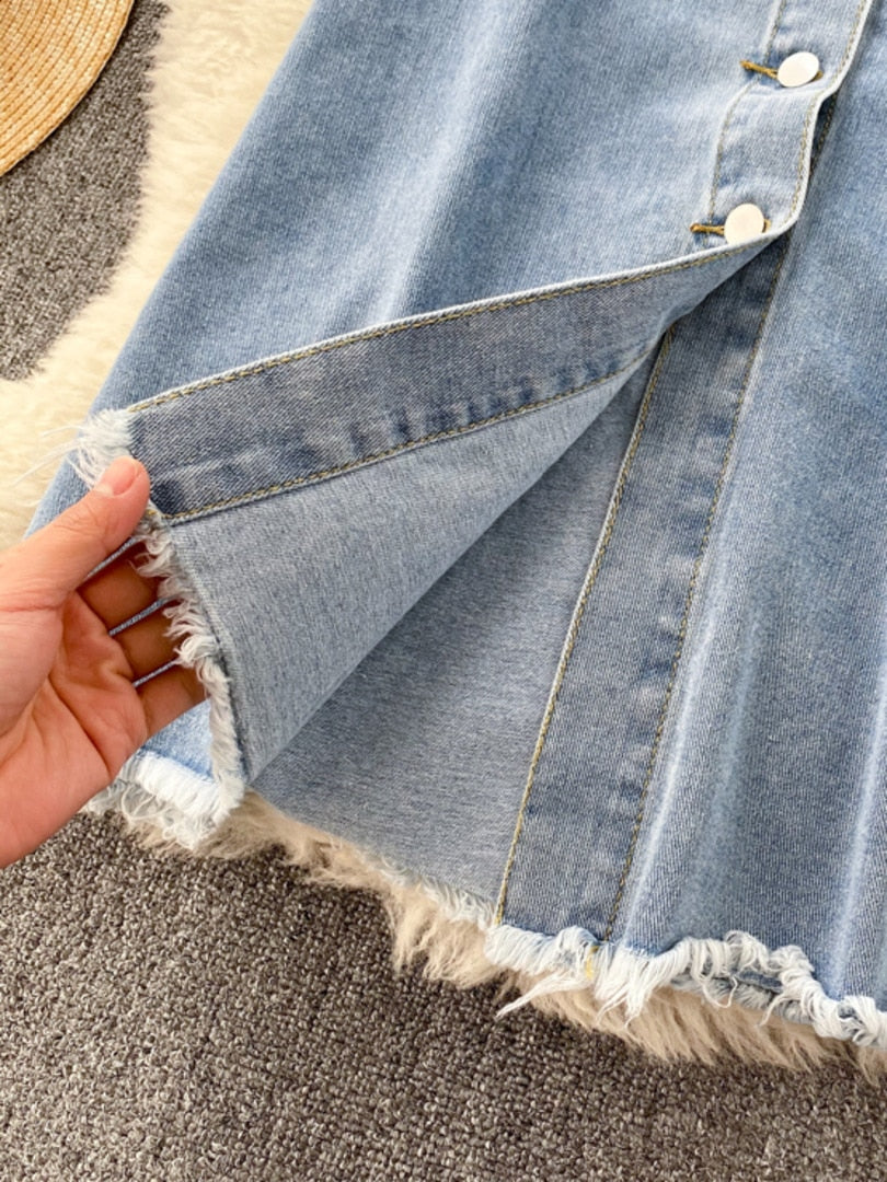 maoxiangshop Long Denim Skirt for Women maoxiangshop Korean Fashion Vintage Tassels High Waist Single Breasted A-line Jeans Skirt with Pockets