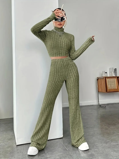 2024 Spring Knitted 2 Piece Sets Women Tracksuit Long Sleeve Vintage Sweater Crop Top Flare Pants Stretch Matching Suit Outfit