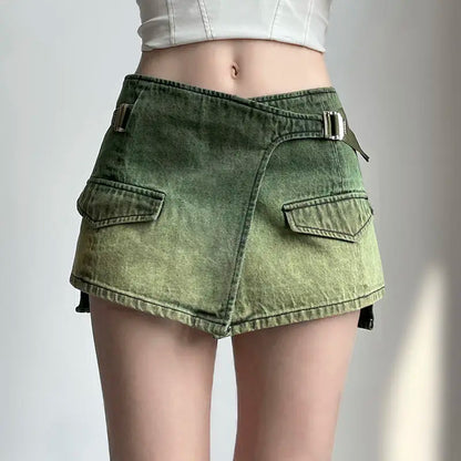 maoxiangshop  -  Y2k Punk Mini Skirts Women Green Vintage Denim Low Waist Hotsweet Streetwear Chic Safari Style Irregular Harajuku Gothic Summer