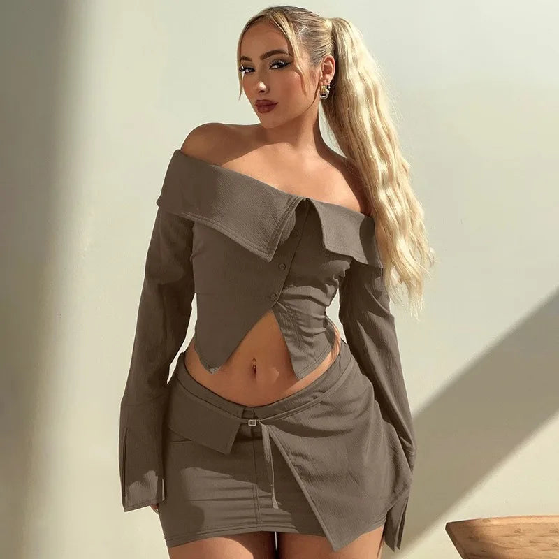 maoxiangshop  -  Women's Short Skirt 2-piece Fall Solid Cardigan Button Short Long Sleeve Top Slim Skirt Set Sexy Street Female Skirt Set