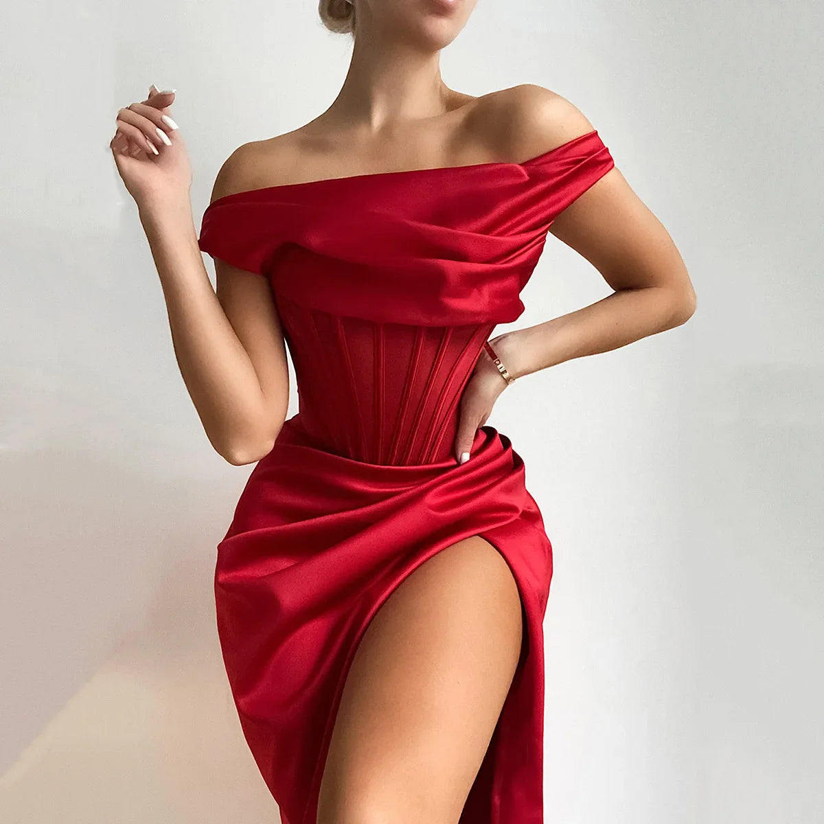 High Quality Satin Bodycon Dress Elegant Women Party Dress Red Off The Shoulder Sexy Dress Celebrity Evening Night Dresses