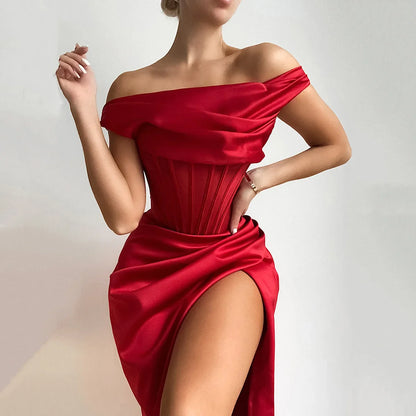 High Quality Satin Bodycon Dress Elegant Women Party Dress Red Off The Shoulder Sexy Dress Celebrity Evening Night Dresses