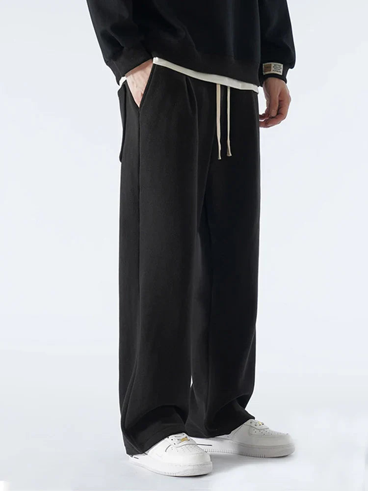 maoxiangshop Winter Thick Fleece Warm Sweatpants Men Streetwear Wide-Leg Straight Loose Track Pants Male Casual Thermal Velvet Trousers