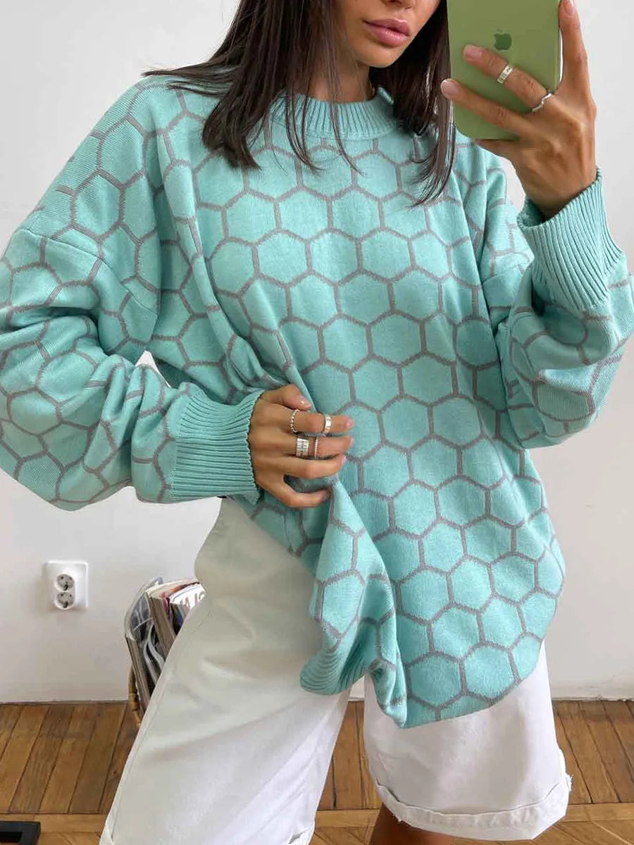 maoxiangshop  -  Autumn New Pullover Sweater Women's Retro Plaid Print Loose Casual Knitted Top  Long Sleeve Round Neck Female Fashion