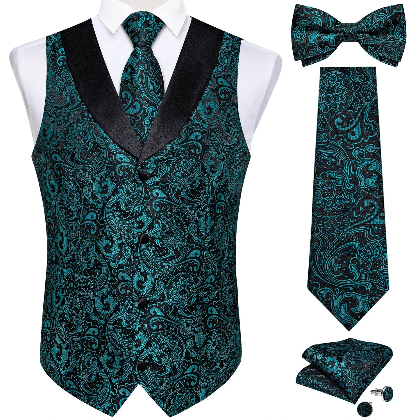 maoxiangshop Brand Suit Vest Set For Men Luxury Silk Black Gold Paisley Dress Vest Tie Cufflinks Handkerchief Set Male Sleeveless Waistcoat