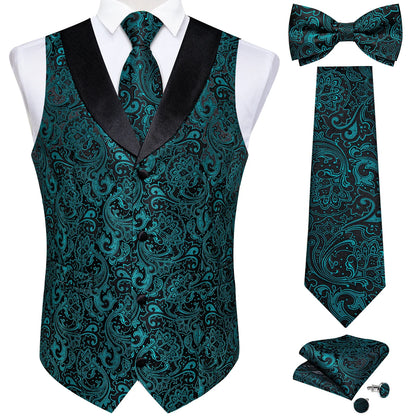 maoxiangshop Brand Suit Vest Set For Men Luxury Silk Black Gold Paisley Dress Vest Tie Cufflinks Handkerchief Set Male Sleeveless Waistcoat