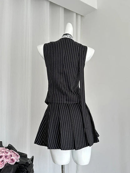 maoxiangshop -  Women Old Money 2000s Aesthetic Cutecore Y2k Korean Fashion Outfits 2 Piece Set Striped Lace Vest  + Hot Mini Pleated Skirts