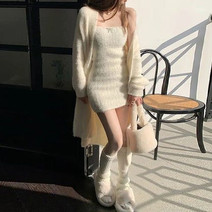 maoxiangshop Korean two piece dress elegant  Knitted suit  jacket mini dress for women luxury Sexy 2 piece sets white Cardigan two piece set