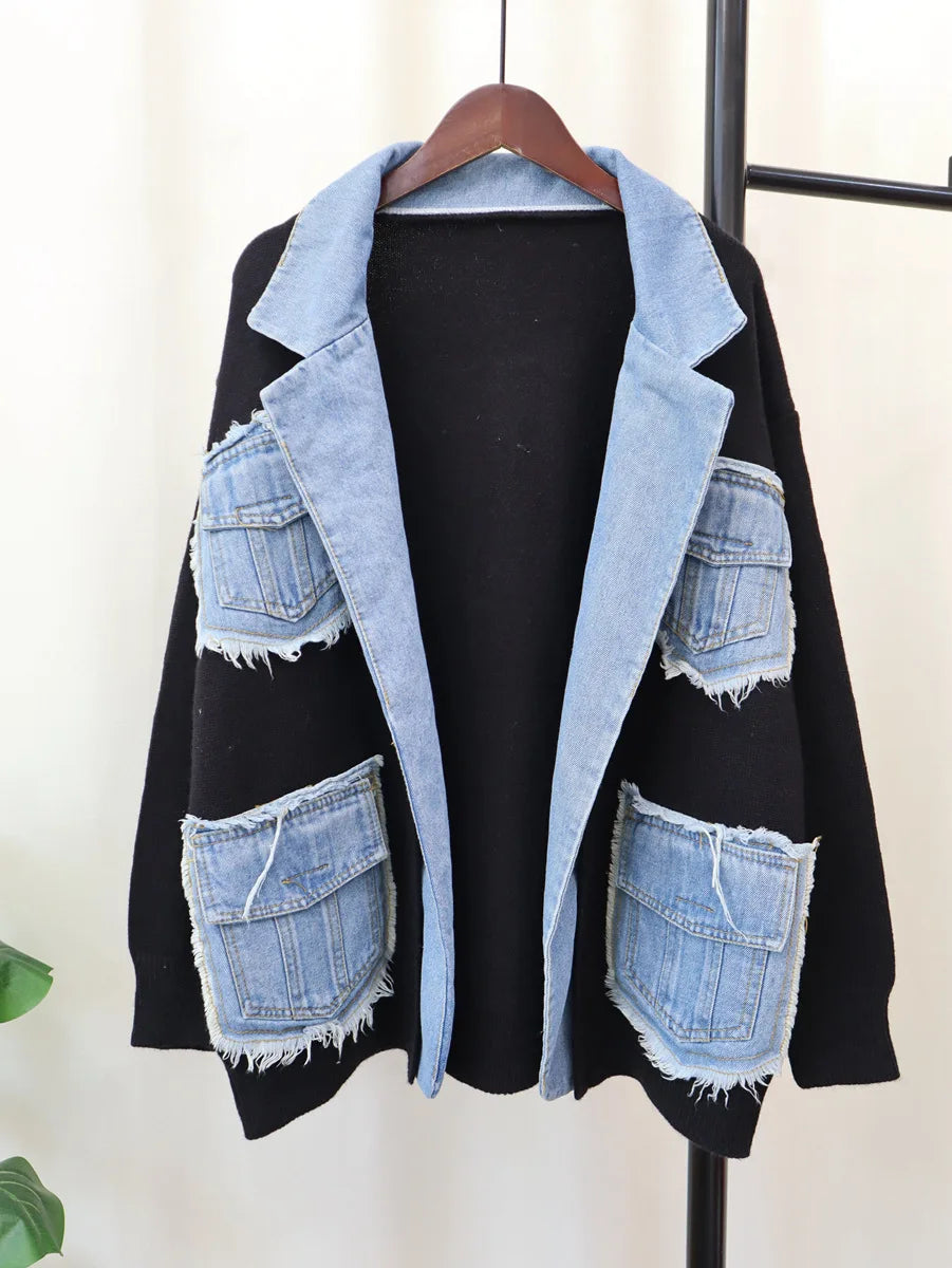 maoxiangshop Raw Hem Cardigan Women Sweaters Patchwork Notched Collar Knitted Denim Jackets Jumpers Pockets Thick Coats Autumn Winter Outwear