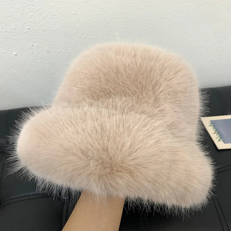 maoxiangshop y2k Fluffy Faux Fur Bucket Hat Women Rabbit Fur Warm Thick Plush Winter Hat Lady Luxury Fashion Furry Panama Fisherman Cap