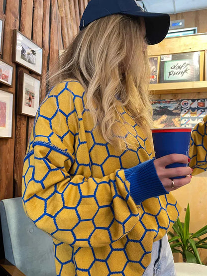 maoxiangshop  -  Autumn New Pullover Sweater Women's Retro Plaid Print Loose Casual Knitted Top  Long Sleeve Round Neck Female Fashion