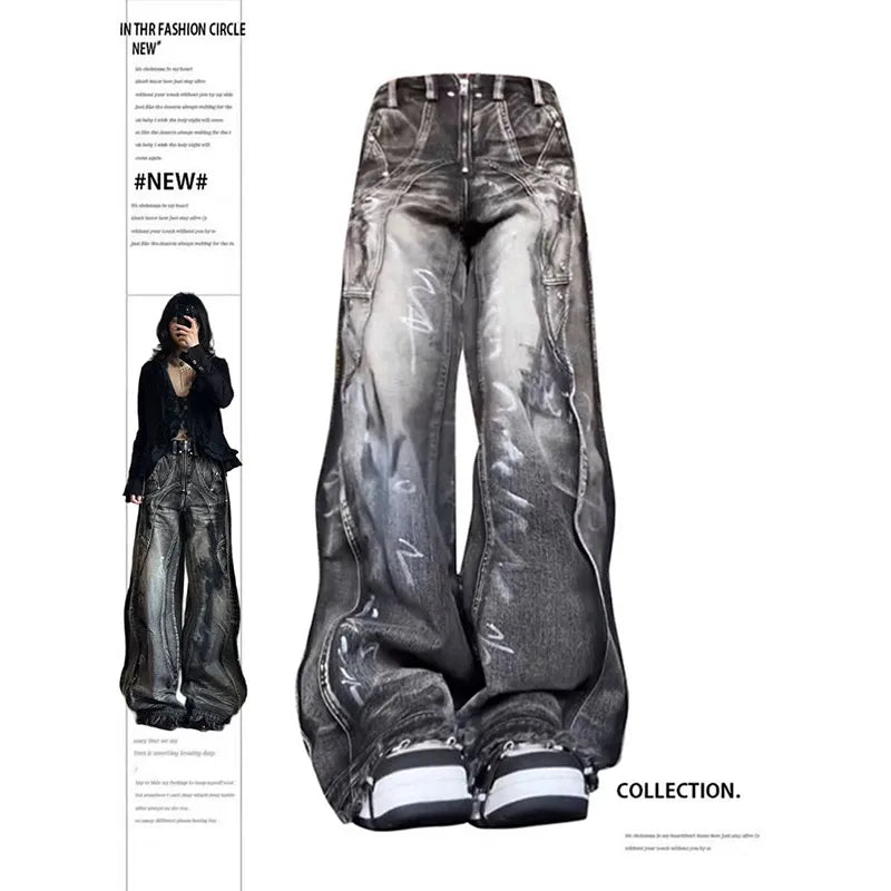 Women's Black Gothic Jeans Harajuku Y2k 90s Aesthetic Baggy Denim Trousers Korean Punk Jean Pants Vintage 2000s Trashy Clothes