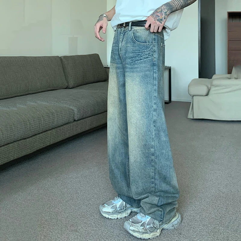 maoxiangshop Korean Style Vintage Men's Denim Pants Fashion Washed Distressed Straight Gradient Jeans Summer Loose Slim Wide Leg